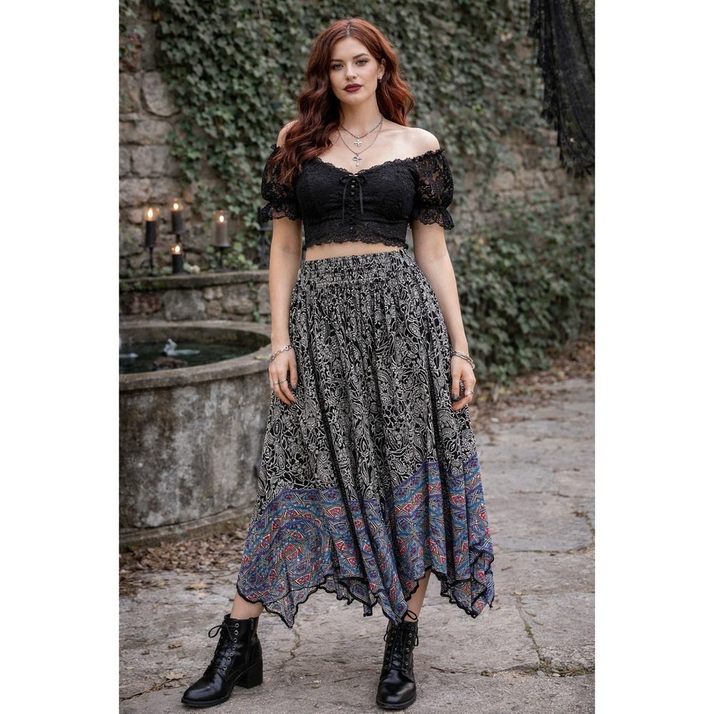 Boho Whimsigoth Bila Black Floral‎ Paisley Handkerchief Hem Maxi Petite L Skirt